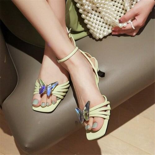 PXELENA Charming Crystal Butterfly Sandals Women Kitten Heels Ankle Strap Princess Lady Party Dress Date Evening Shoes Plus Size