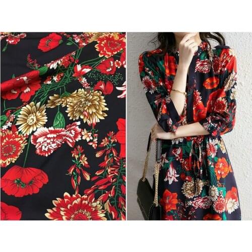 Silk stretch double georgette brand black cyan bottom red floral print large wide dress shirt fabric