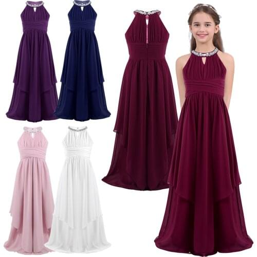 Chiffon Flower Girls Dress Floor-Length Sleeveless Wedding Party Dress Sequined Halter Flower Girl Dress Princess Pageant Dress