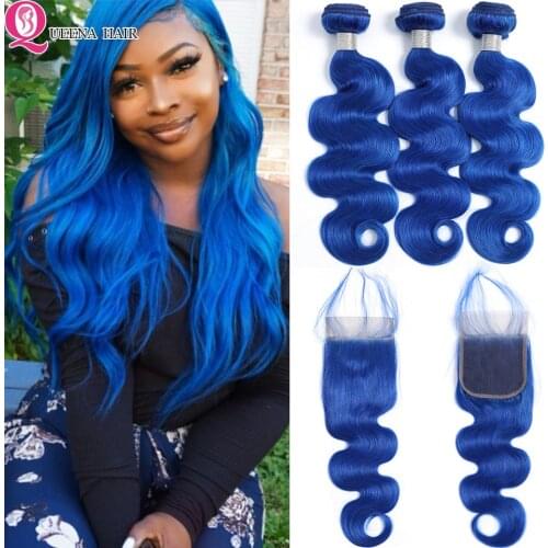 Blue Bundles With Closure Brazilian Human Hair Bundles With Closure Colored Bundles With Closure Body Wave Bundle With Closure