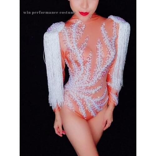 Sexy full pearls dance bodysuit female birthday celebrate leotard outfit dancer fashion stretch costume for women 2020 club