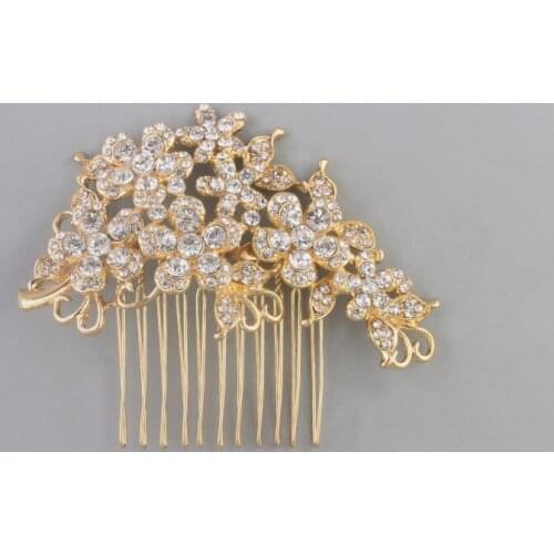 SLBRIDAL Hot Selling Golden Clear Rhinestones Crystals Flower Leaf Wedding Hair Comb Bridal Hair Accessories Bridesmaids Women