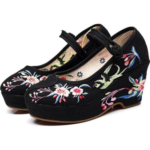 Flowers Embroidery Ladies Cotton Fabric Chunky High Heels Shoes Ankle Strap Women Casual Comfortable Canvas Embroidered Pumps