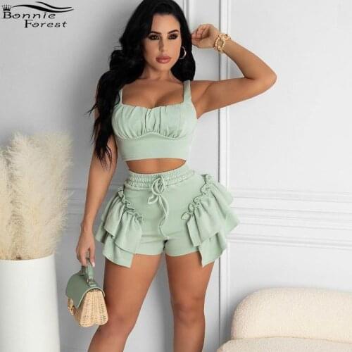Bonnie Forest Fashion Summer Womens Tracksuits 2 Piece Set Elegant Sleeveless Ruffles Crop Top And Shorts Set Two-Piece Suits