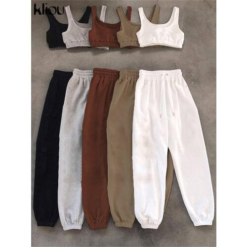 Kliou Solid Skinny Stretch Two Pieces Set Foe Women Tracksuit Casual Crop Tops+Skinny Stretch Outwear Slim Leggings Sportswear
