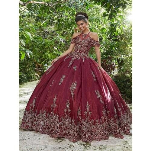 Burguny Cheap Quinceanera Dresses Ball Gown Off The Shoulder Organza Applique Beaded Sweet 16 Dresses