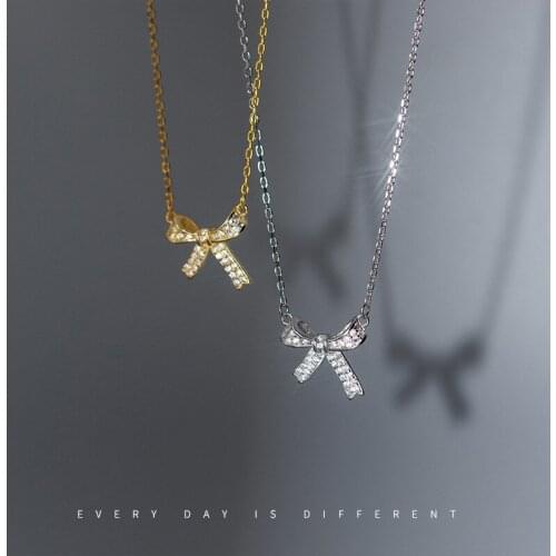 100% real. Sterling Silver 925 Fine Jewelry CZ Set Bowknot Bow Pendant Necklace C-D8521