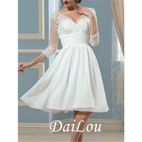 A-Line Wedding Dresses V Neck Knee Length Chiffon Lace 3/4 Length Sleeve Beach Vintage Little White Dress 1950s with Pleats 2021