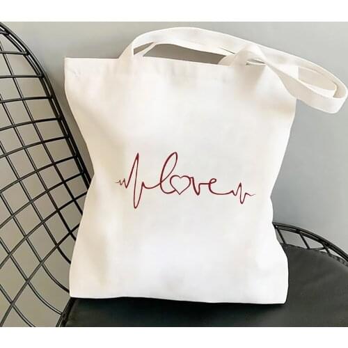 White Canvas Bag Love Electrocardiogram Graphic Handbag Red Heart Shoulder Bags Recycling Shopping Tote Backpack School Bags
