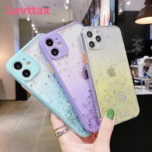 Glitter Foil Stars Phone Case For iPhone 12 11 Pro Max 7 8 Plus XR X XS SE Full Protector Camera Clear Gradient Bling Case Cover