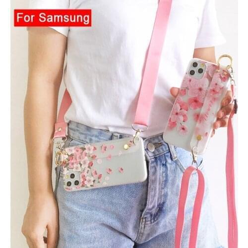 TPU Flowers Lanyard Wrist Strap Case For Samsung Galaxy A91 A81 A71 A51 A42 A41 A31 A21 A11 A01 M60S M80S J7 J8 Prime J700 Bag