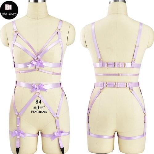 Violet Fetish Cage Bra Goth Wedding Garter Belt Rave Pole Dance Harness Bra Stocking Leg Bondage Harness Gothic Body Cage Set