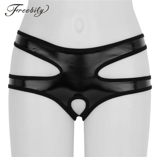 Hot Women Crotchless Panties Sexy Erotic Lingerie Wet Look Faux Leather Sex Open Crotch Panties Ouvert Temptation String