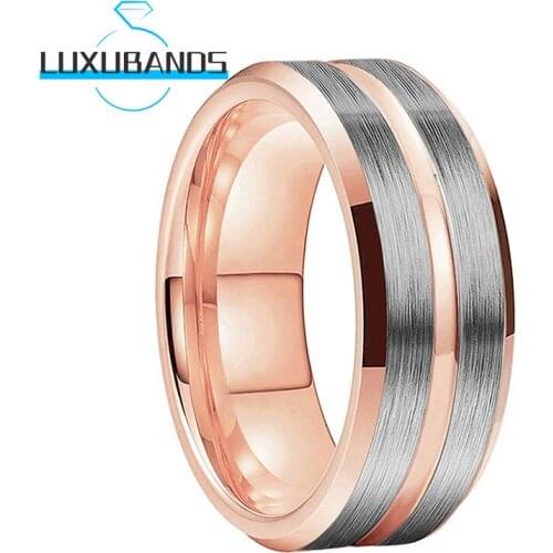 8MM Rose Gold Tungsten Carbide Rings For Men Wemen Flat Center Grooved Beveled Edges Brushed Finished Comfort Fit