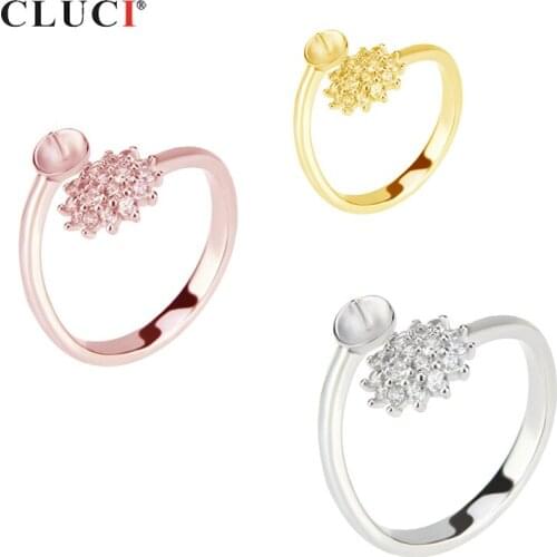 CLUCI Real Silver 925 Adjustable Flower Zircon Pearl Ring Mounting Rose Gold Women Open Ring Jewelry SR2031SB