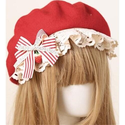 Mori Girl Handwork Lace Trim Beret Wool Painter Hat Lovely Lolita Bowknot Autumn Winter Vintage Pancake Cap B1385