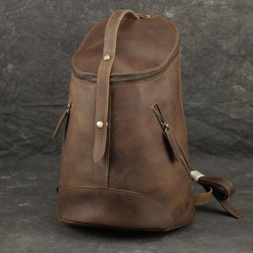 Male Large Capacity Men Bag Unique Featured Leather Backpack Round Bucket Backpacks Genuine Leather Travel Bagpack of Men