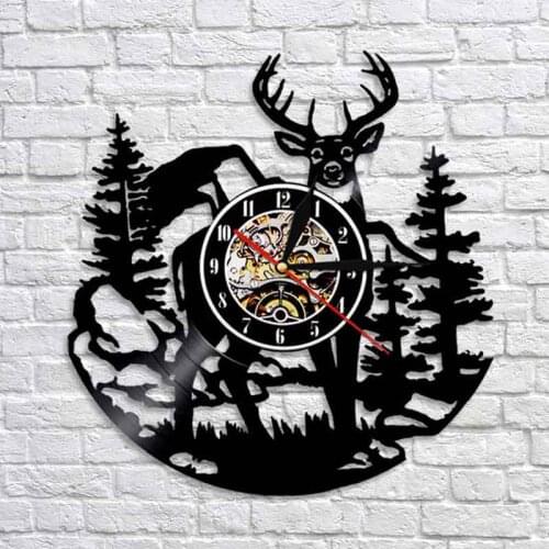 Birch Tree Forest Deer Vinyl Record Wall Clock Animals Hunting Club Vinyl Clocks with LED Wall Watch Home Decor Christmas Gifts
