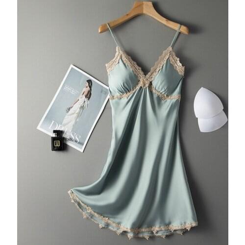 090 New Faux Silk Sleep Dress Women Underwear Lingerie nightgown Sling Lace V-Neck Sexy Nightdress Silk Home Wear Halter Dress