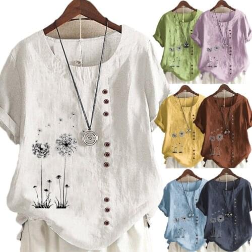 New Arrive Summer Fashion Women Dandelion Printed Linen T-shirt Casual Loose Round Neck Short Sleeve Shirt Blouse Tops Plus Size