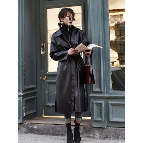 Jaqueta Couro New Arrival Real Women 2020 Autumn Loose Mid-length Pu Leather Jacket Waist Handsome Long Sleeve Turn-down Collar