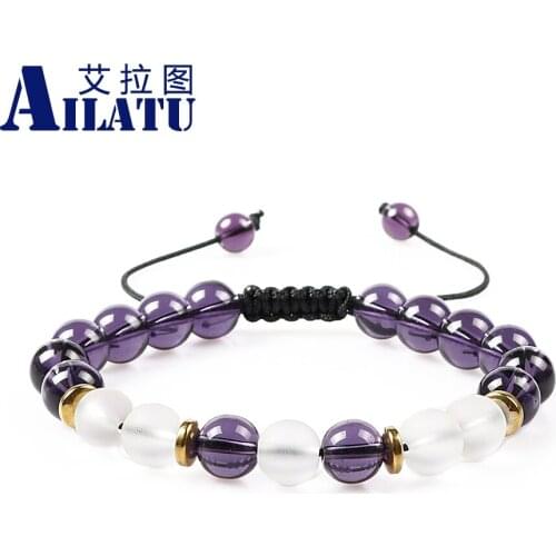 Ailatu Lovers' Gift Charming 8mm Purple&Translucent Gound Glass Beads with Hematite Spacer Macrame Couple Bracelets