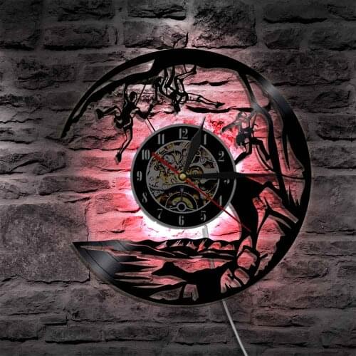 Adventure Mountaineering Climbing Vinyl Record Wall Clock With LED Backlight Extreme Sport Climbing Rope Modern Wall Light Lamp