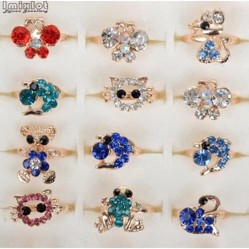 Wholesale 10pcs Mixed Assorted Flower Animal Crystal Adjustable Rings Baby Kids Girls Party Gift Fashion Rings Jewelry