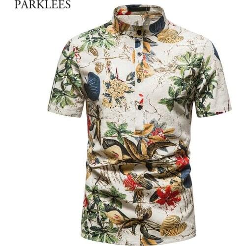 Retro Floral Print Baggy Cotton Linen Shirts Men Stand Collar Button Up Hawaiian Beach Shirt Men Casual Holiday Vacation Chemise