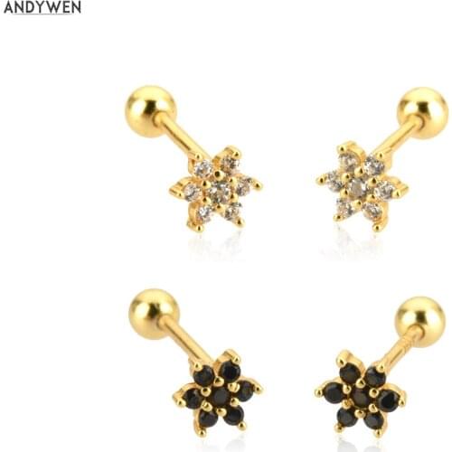 ANDYWEN 925 Sterling Silver Gold Clear Zircon Flower Stud Earring Beads Piercing Pendiente Clips Rock Punk Wedding Jewelry Gift