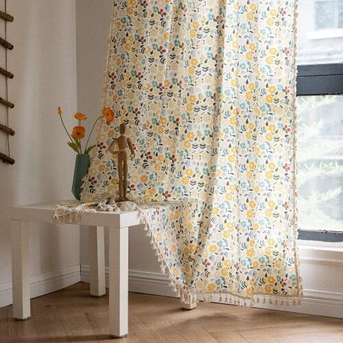 Country Style Tulle Sheer Floral Printed Tassel Door Window Curtain for Home Living Room Decor in the Kitchen Cafe Curtain