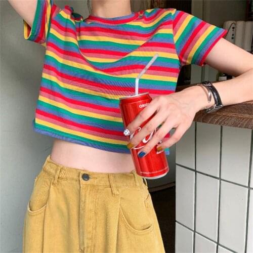 Womens T-shirts Tops Japanese Kawaii Ulzzang Casual Vintage Rainbow Striped T-shirt Female Korean Harajuku Clothes For Women
