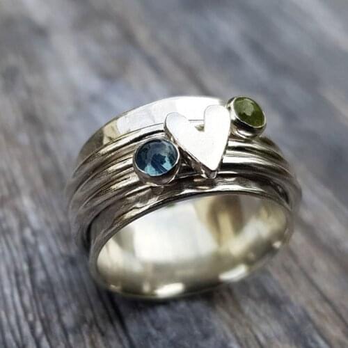 New Creative Trendy Silver Color Heart Rings For Women Fashion Blue Green Zircon Female Jewelry Engagement Birthday Party Gifts