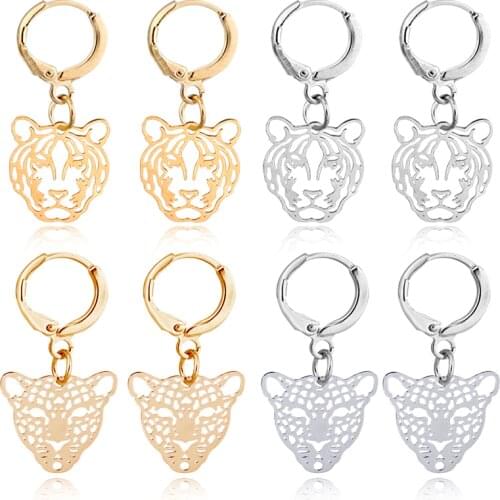 1Pair Chi Hollow Leopard Tiger Head Hoop Earrings Women Simple Trendy Jewelry Animals Small Pendant Round Circle Earrings E579