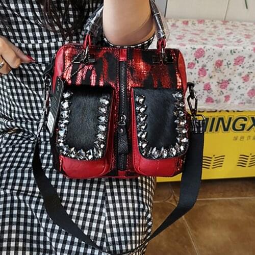Women Crystal Shoulder Bags Black Red Silver Luxury Totes Women Horse Hair Leather Punk Handbags Ladies Small Crossbody Bags