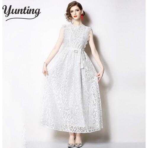 O-neck A-line Lace Dress Women 2019 Spring White Black Hollow Out Swing Dresses Ankle-length Waist Vestidos