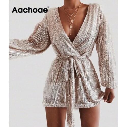 Aachoae Women Sexy Deep V Neck Sequin Party Dress Lantern Long Sleeve Silver Mini Dress Bandage Club Holiday Dress Vestidos