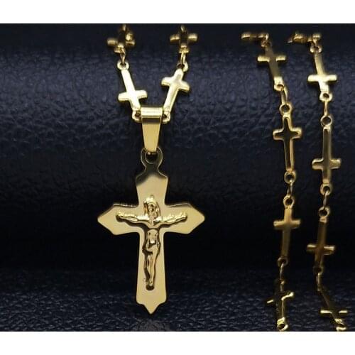2021 Fashion Jesus Cross Stainless Steel Necklace for Women Gold Color Statement Necklace Jewerly collares mujer N19510
