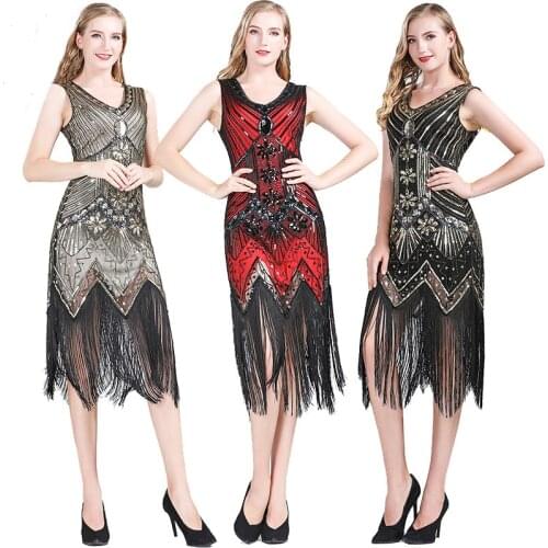 Great Gatsby Dress 1920s Vintage Flapper Sequined Embellished Fringed Dress Sleeve Midi Party Art Deco Double Lady Summer dress