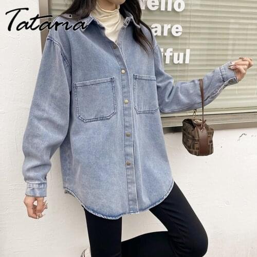 2021 Early Autumn Denim Shirts Jeans Shirt Women Blouses Vintage Blue Coats and Jackets for Girls Casual Loose Long Sleeve Shirt