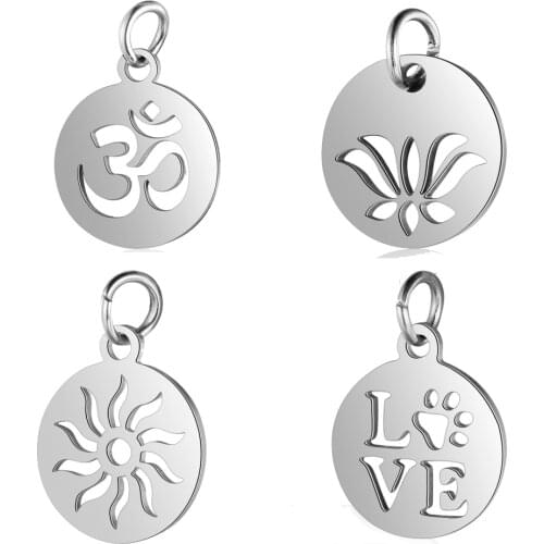30pcs/Lot 316L Stainless Steel Charms Steel Color Cut Out OM Lotus Sun Charms Pendants for Jewelry Making DIY Accessories