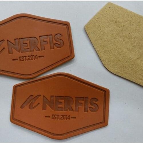 6100PCS , 3.5 * 5 cm Custom brown pu leather labels emboss logo label clothing tag