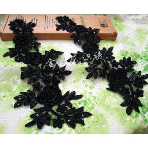 Free shipping Black and white car bone nail bead sequined dress lace wedding dress accessories Lace applique 6piece