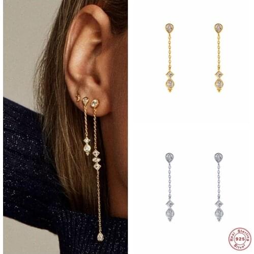 BOAKO 925 Sterling Silver Long Chain Tassel Drop Earrings for Women Shining Starry Waterdrop Zircon Dangle Earring Wedding Jewel