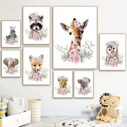Cute Cartoon Animal Picture Home Wall Modern Art Print and Poster Flower Wall Backdrop Canvas Painting for Kids Bedroom Design