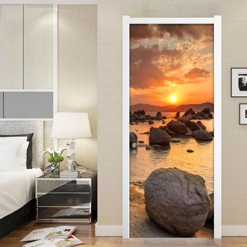 Beautiful Sunset Dusk River Beach Landscape Door Sticker DIY Self-adhesive Wall Painting Photo Wallpaper For Living Room Bedroom