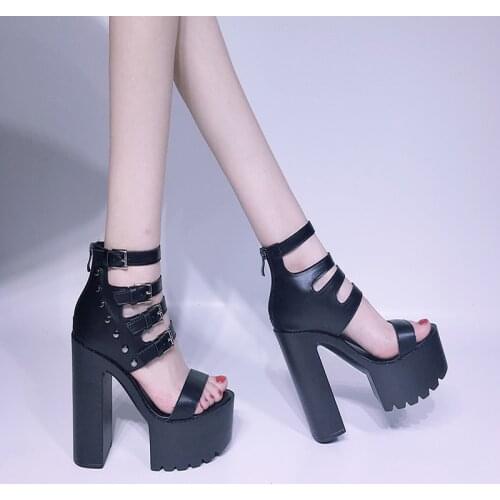 Chunky sandals Punk shoes Rock Gothic Sandals Women Peep Toe Buckle Chunky Block High Heels Sandals block heel sandal LJB35-1