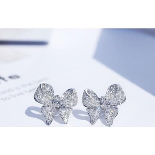 Cute Fine Bow Silvery Stud Earrings Inlay Shiny Zircon Fashion Luxury Wedding Jewelry Bowknot Ear Studs For Women Cocktail Party
