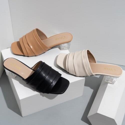 Fashion pleated transparent heel slippers 2021 summer new square head outside wear casual female sandals, Mueller shoes