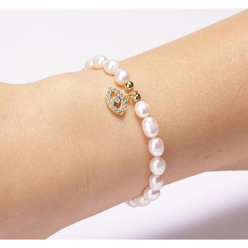 Fashion Simple Style Evil Eye Rainbow CZ Various Shape Accessory Pendant Natural Freshwater Pearl Women Men Charms Bracelet
